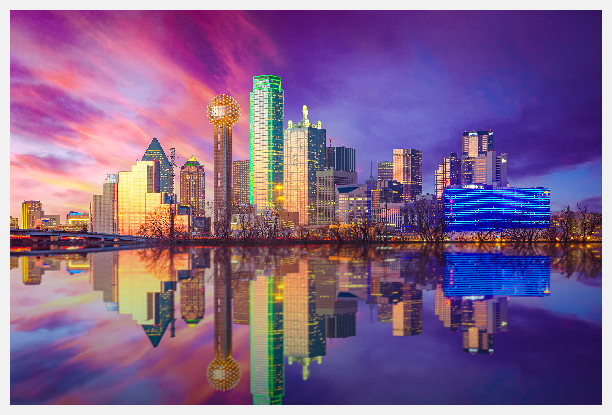 Dallas Skyline at Night With Reflection